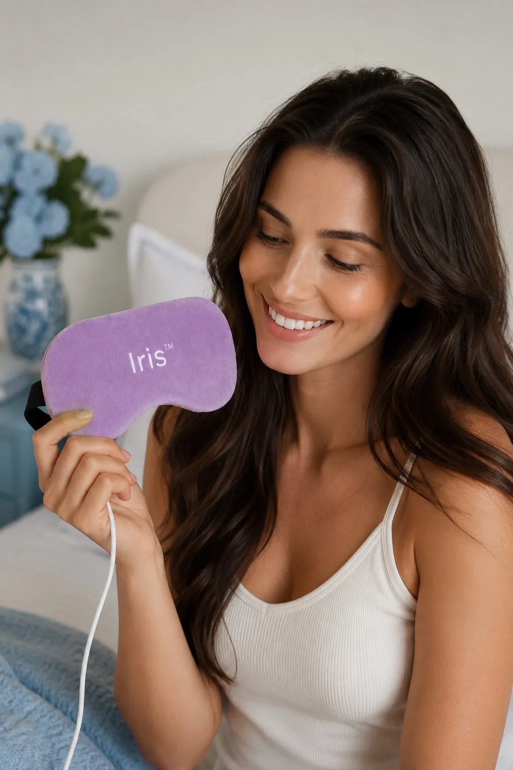 Femme souriante tenant le masque chauffant Iris
